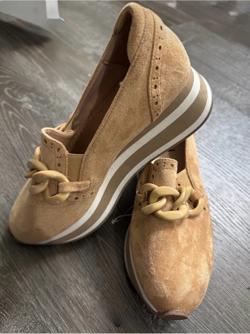 Corkys Tan Suede Platform Loafers with Chain Accent